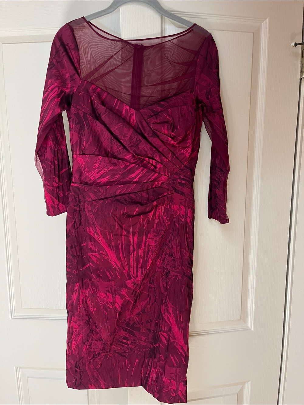 Teri Jon Fuchsia Long-Sleeve Sheath Dress with Mesh Yoke